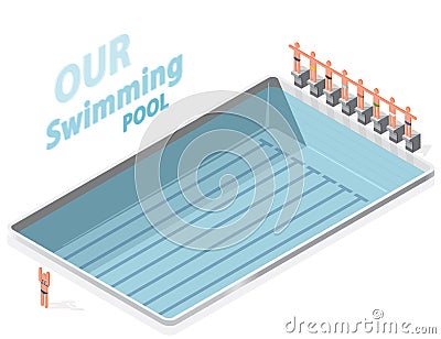 Isometric swimming pool with swimmers. Sportsmen on springboard prepare swim. Vector Illustration