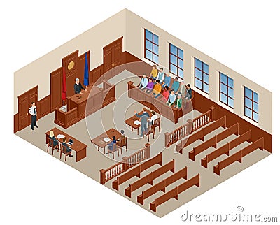 Isometric symbol of law and justice in the courtroom. Vector illustration judge bench defendant attorneys audience Vector Illustration