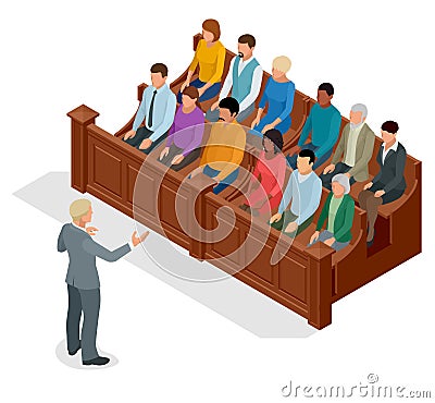 Isometric symbol of law and justice in the courtroom. Vector illustration judge bench defendant attorneys audience Vector Illustration