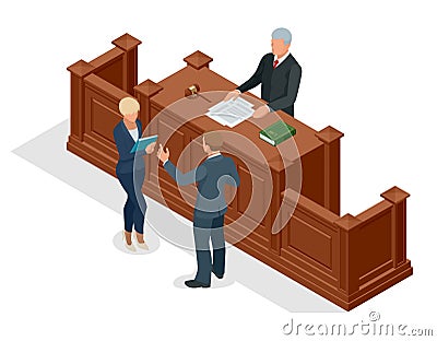 Isometric symbol of law and justice in the courtroom. Vector illustration judge bench defendant attorneys audience Vector Illustration