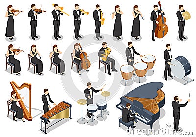 Isometric Symphony Orchestra. Set of orchestra group, creative people playing on instruments scene theater opera concert Vector Illustration