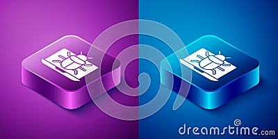 Isometric System bug on monitor icon isolated on blue and purple background. Code bug concept. Bug in the system. Bug Vector Illustration