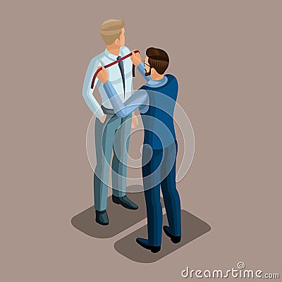 Isometric tailor, work with a client in a sewing workshop, preparation for tailoring. The entrepreneur working for himself, his ow Vector Illustration