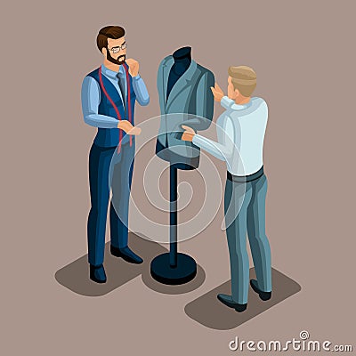 Isometric tailor, work with a client in a sewing workshop, showing a ready-made jacket. The entrepreneur working for himself, his Vector Illustration