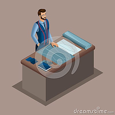 Isometric tailor, work in a sewing workshop, choice of fabric, creation and tailoring. The entrepreneur working for himself Vector Illustration