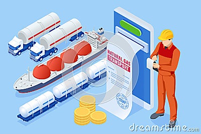 Isometric Tanker loading Liquefied Natural Gas at trading terminal. Transportation, delivery, transit of natural gas Vector Illustration