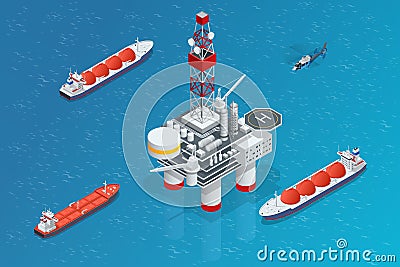 Isometric Tanker loading Liquefied Natural Gas at trading terminal. Transportation, delivery, transit of natural gas Vector Illustration
