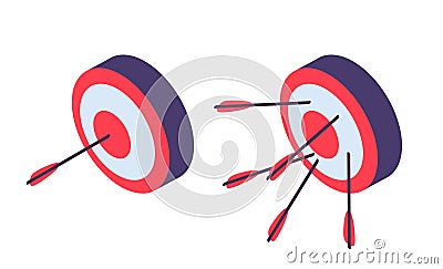 Isometric targets. Archery, arrow in goal and failure. Business ambitions metaphor, success and fail illustration Vector Illustration