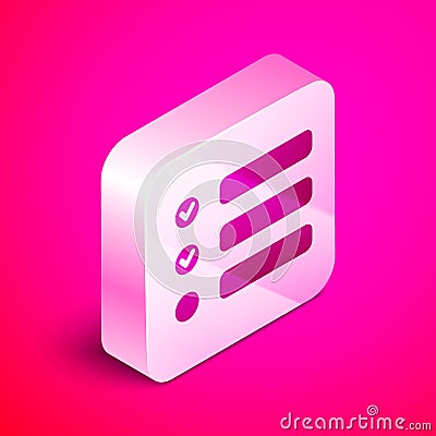 Isometric Task list icon isolated on pink background. Control list symbol. Survey poll or questionnaire feedback form Vector Illustration