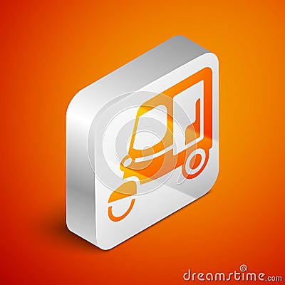 Isometric Taxi tuk tuk icon isolated on orange background. Indian auto rickshaw concept. Delhi auto. Silver square Vector Illustration