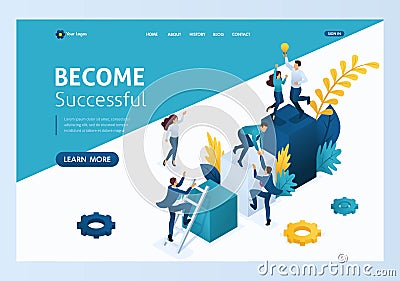 Isometric Team success. Teamwork. Together. Miniature people climb up. Template landing page Vector Illustration