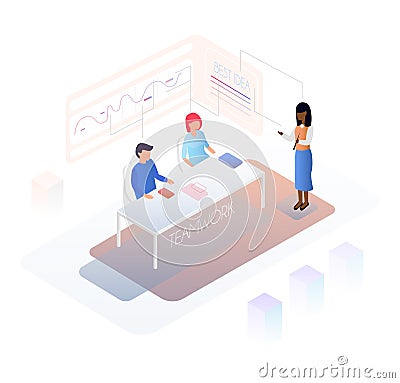 Isometric teamwork design concept with people discussing plans a Vector Illustration