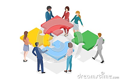 Isometric Teamwork Partnership Leadership flat design vector illustration. Team of People work gathering four Parts of Puzzle Vector Illustration