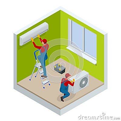 Isometric technician repairing split air conditioner on a white wall. Construction building industry, new home Vector Illustration