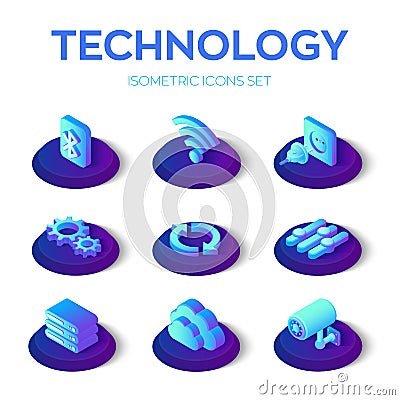 Isometric Technology icons set. Bluetooth, Wi-Fi, Plug and socket, Gears, Update, Settings, Server, Cloud and Camera isometric Editorial Stock Photo