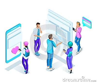 Isometric teenagers, students, watch the schedule using gadgets online. Smartphones, modern technologies. Modern bright design Vector Illustration