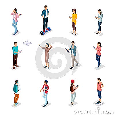 Isometric Teenagers, Young People Gadgets Vector Illustration