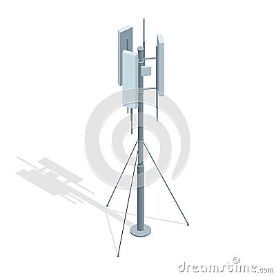 Isometric Telecommunications towers. A mobile phone communication repeater antenna vector flat illustration. Vector Illustration