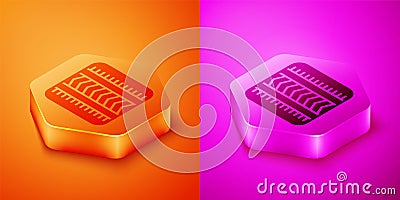 Isometric Tire track icon isolated on orange and pink background. Hexagon button. Vector Vector Illustration