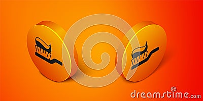 Isometric Toothbrush with toothpaste icon isolated on orange background. Orange circle button. Vector Stock Photo