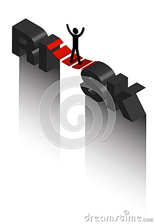 Isometric on the topic of risk, a stick man stands on a suspension bridge over a precipice. Fear of heights. Overcoming fears. Vector Illustration