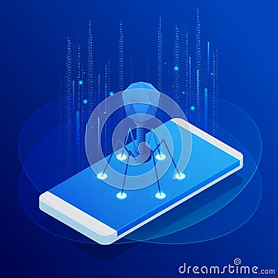 Isometric touch phone with virus, alert notification, hacking, cybersecurity, fraud internet error concept. Hacking Vector Illustration