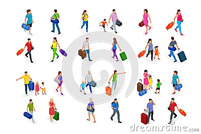 Isometric Tourism and Booking App concept. Travel equipment and luggage on a mobile laptop touch screen. Travel and Vector Illustration