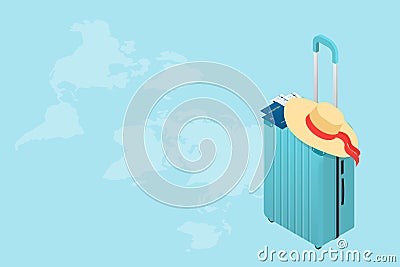 Isometric Tourism and Booking App concept. Travel equipment and luggage on a mobile laptop touch screen. Travel and Vector Illustration