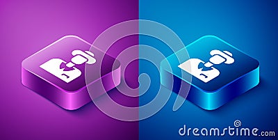 Isometric Tourist icon isolated on blue and purple background. Travelling, vacation, tourism concept. Square button Vector Illustration