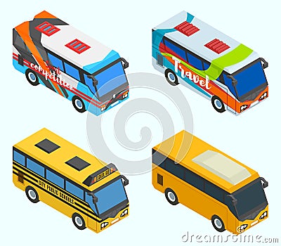 Isometric tourist sports school buses Vector Illustration