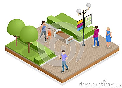 Isometric town map with GPS navigation mobile application, Traveling Navigation, interactive city navigation. City Vector Illustration