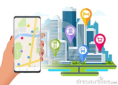 Isometric town map with GPS navigation mobile application, Traveling Navigation, interactive city navigation. City Vector Illustration