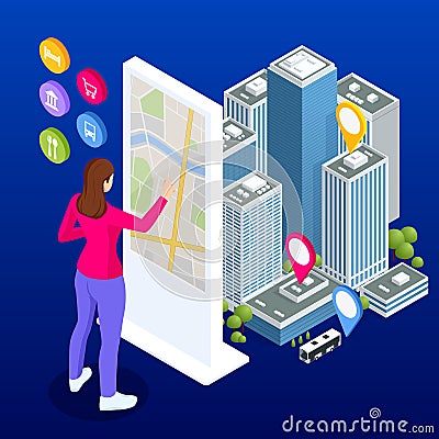 Isometric town map with GPS navigation mobile application, Traveling Navigation, interactive city navigation. City Vector Illustration