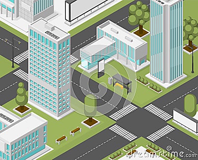 Isometric town. Simple apartments and business buildings, crossroad and public transport stop. Ad billboards on street Cartoon Illustration