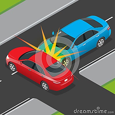 Isometric Traffic Accident involving two vehicles on the road. Vector Illustration