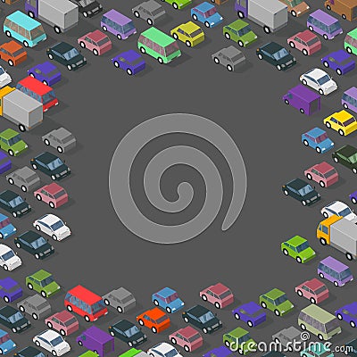 Isometric traffic cars frame. Copy space for text place. Transport road background. Top view of the street and cars. Vector Cartoon Illustration