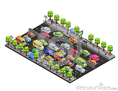 Isometric Traffic Jam Concept Vector Illustration