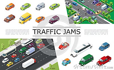 Isometric Traffic Jam Concept Vector Illustration