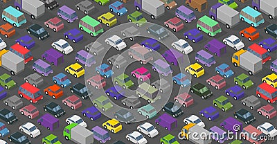 Isometric traffic jam a lot of multi-colored cars transport highway background pattern. Top view of the road and cars Cartoon Illustration