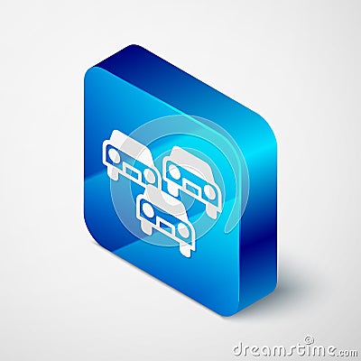 Isometric Traffic jam on the road icon isolated on grey background. Road transport. Blue square button. Vector Vector Illustration