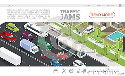 Isometric Traffic Jam Web Page Template Vector Illustration