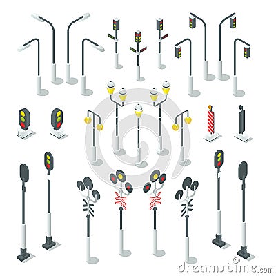 Isometric traffic light, street lamps. Urban vector illustration Vector Illustration