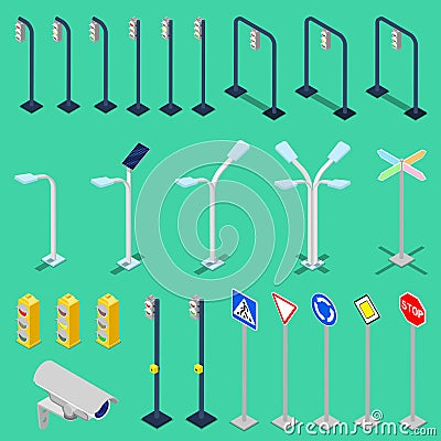 Isometric Traffic Road Elements with City Lights Vector Illustration