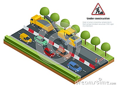 Isometric traffic on the road, road repairs concept. Cold milling machine removing asphalt layer on a road. Vector Illustration