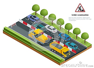 Isometric traffic on the road, road repairs concept. Cold milling machine removing asphalt layer on a road. Vector Illustration