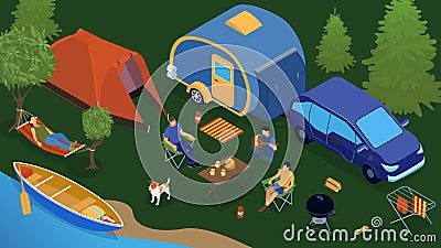 Isometric Trailer Park People Composition Vector Illustration