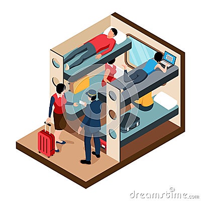 Isometric Train Couchette Car Vector Illustration