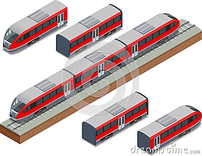 Isometric train tracks and modern high speed train Vector isometric illustration of a Fast-Train. Vehicles designed to Vector Illustration