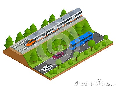 Isometric train tracks and modern train. Railroad icons. Modern high speed red commuter train. Flat 3d isometric vector Vector Illustration