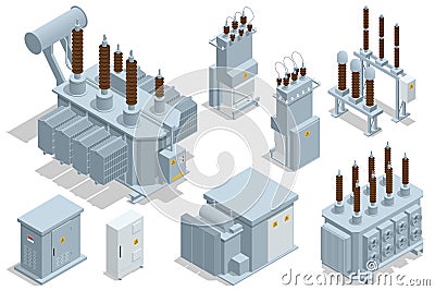 Isometric Transformer . Electric Energy Factory Distribution Chain. Isolated set Icon Energy Substation. High-Voltage Vector Illustration